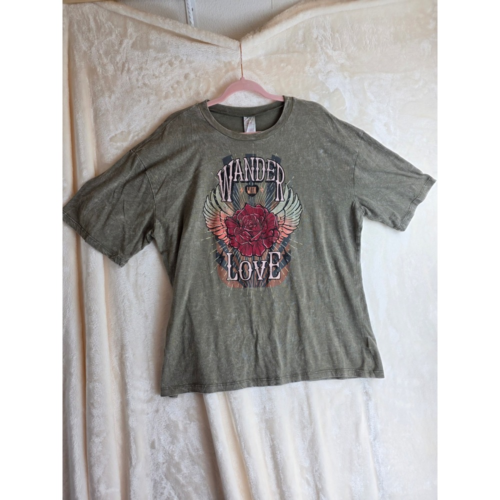 No Boundaries Olive Green Graphic T Shirt‎ Rose Wings Wander Love XXL 19
